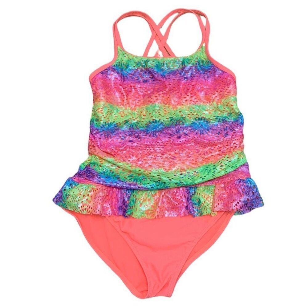 2/$20! Wonder Nation Neon Rainbow Cutout Ruffle One Piece Swimsuit Size 10-12